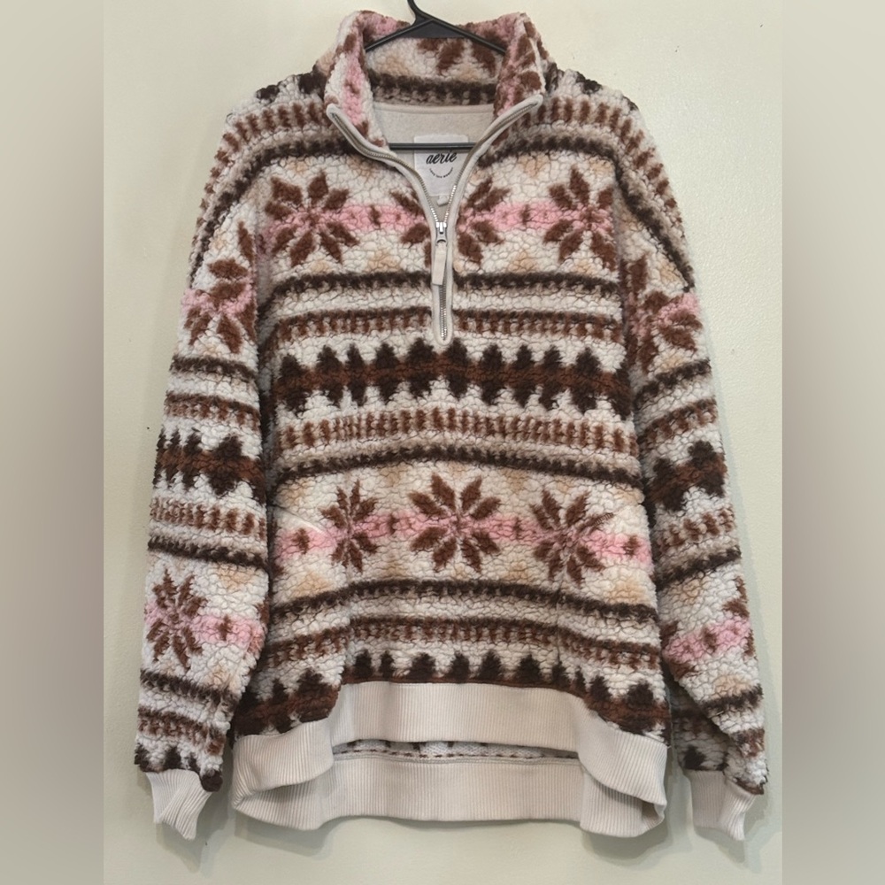 Aerie Sherpa Quarter Zip Pullover Fleece Sweater Fair Isle Snowflake Large - Picture 1 of 3